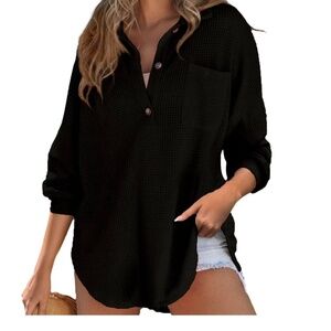 New Black 5XL Womens Waffle Knit Top Casual Shirt Long Sleeve V Neck Fast Ship